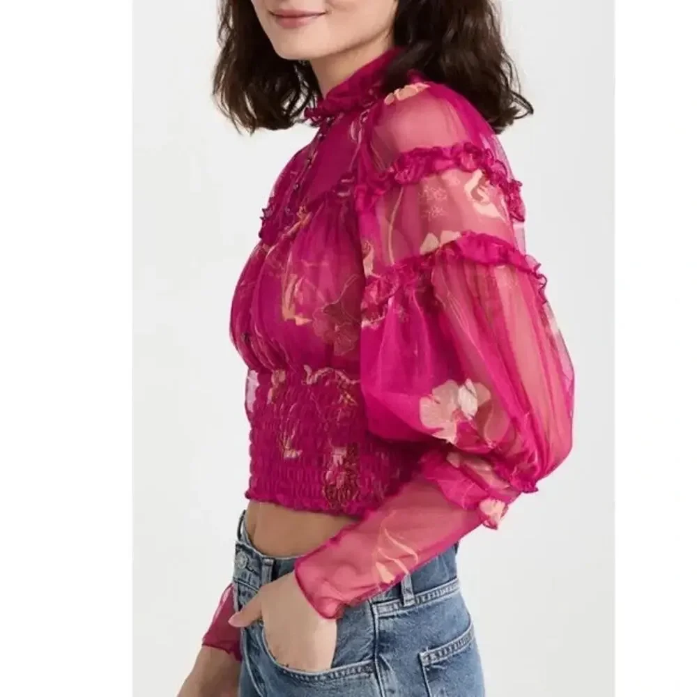 Free People Time For Shine Mesh Fuchsia Floral Smocked Cropped Blouse Top XS
